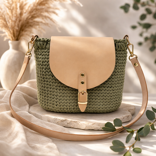 Anleitung für stilvolle Tasche im Strickmuster mit Lederklappe und Verschluss | PDF