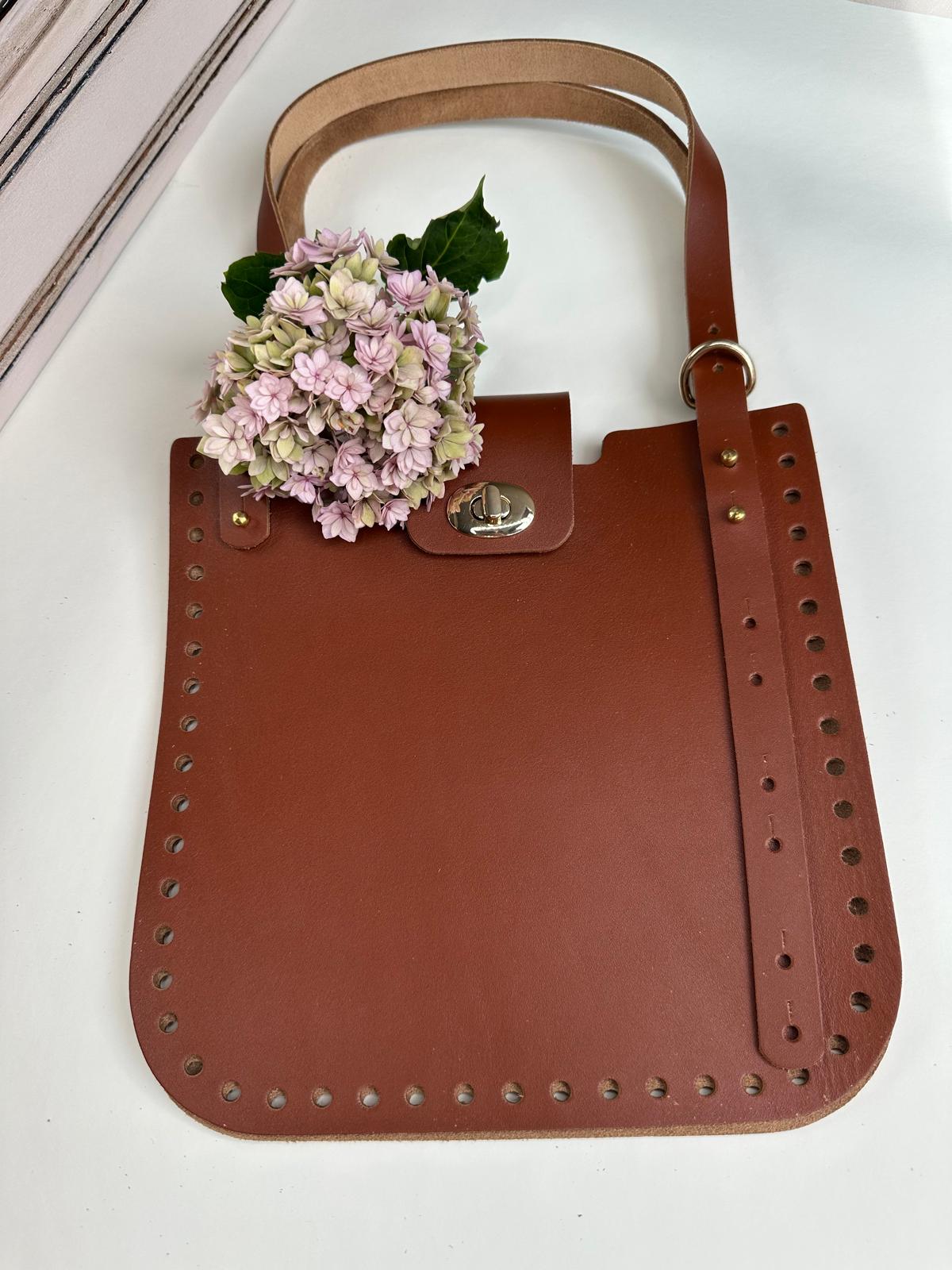 Basis-Set für Häkeltasche aus Leder | Quadratische Seiten, Träger, Drehverschluss | 75 cm
