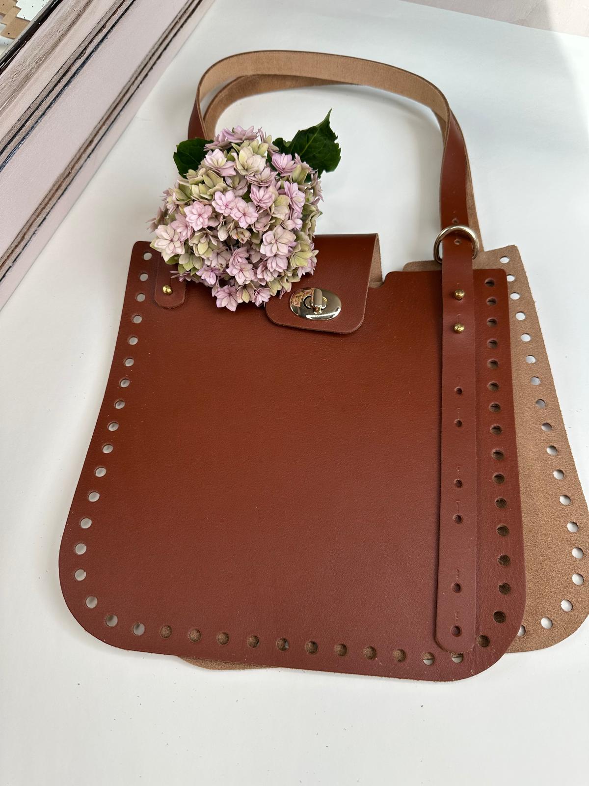Basis-Set für Häkeltasche aus Leder | Quadratische Seiten, Träger, Drehverschluss | 75 cm