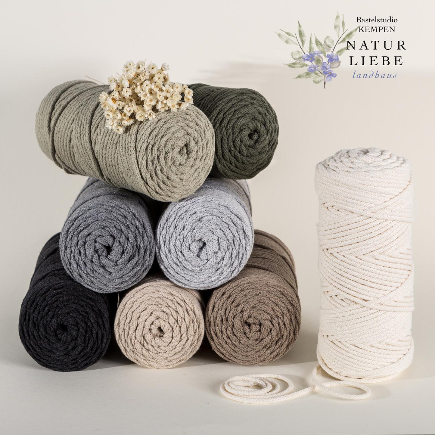 Makramee Garn PREMIUM | 100% Baumwolle | Stärke 5 mm, geflochten | Länge 100 Meter | Verschiedene Farben