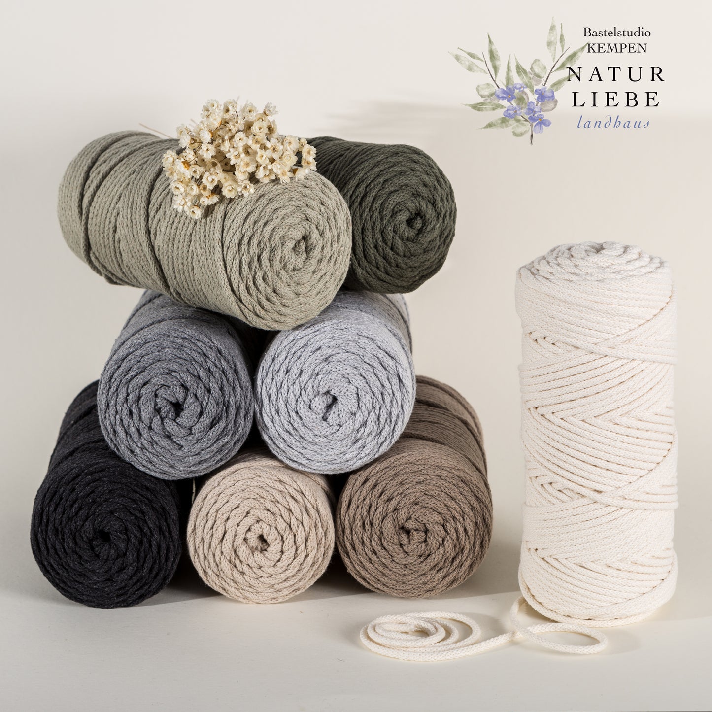 Makramee Garn PREMIUM | 100% Baumwolle | Stärke 3 mm, geflochten | Länge bis 200 Meter | Verschiedene Farben