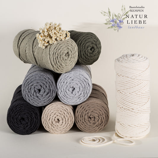 Makramee Garn PREMIUM | 100% Baumwolle | Stärke 3 mm, geflochten | Länge bis 200 Meter | Verschiedene Farben