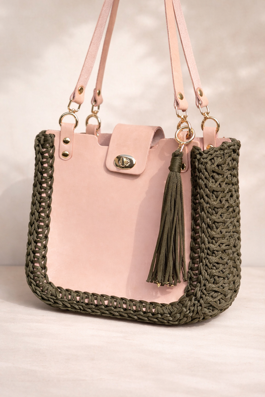 Basis-Set für Häkeltasche aus Leder | Quadratische Seiten, Träger, Drehverschluss | 75 cm