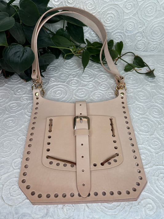 Basis-Set für Häkeltasche aus Leder | Quadratische Seiten, Träger, Drehverschluss | 75 cm