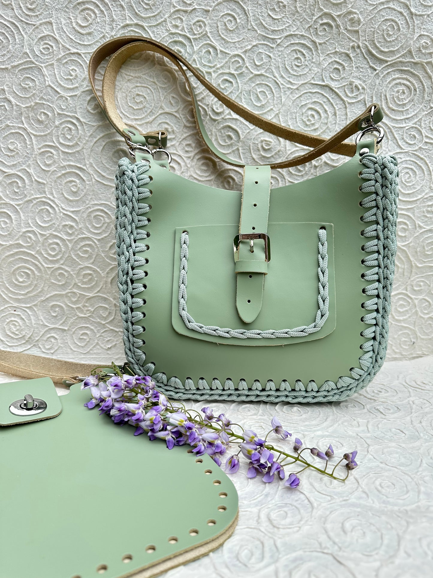 Basis-Set für Häkeltasche aus Leder | Quadratische Seiten, Träger, Drehverschluss | 75 cm