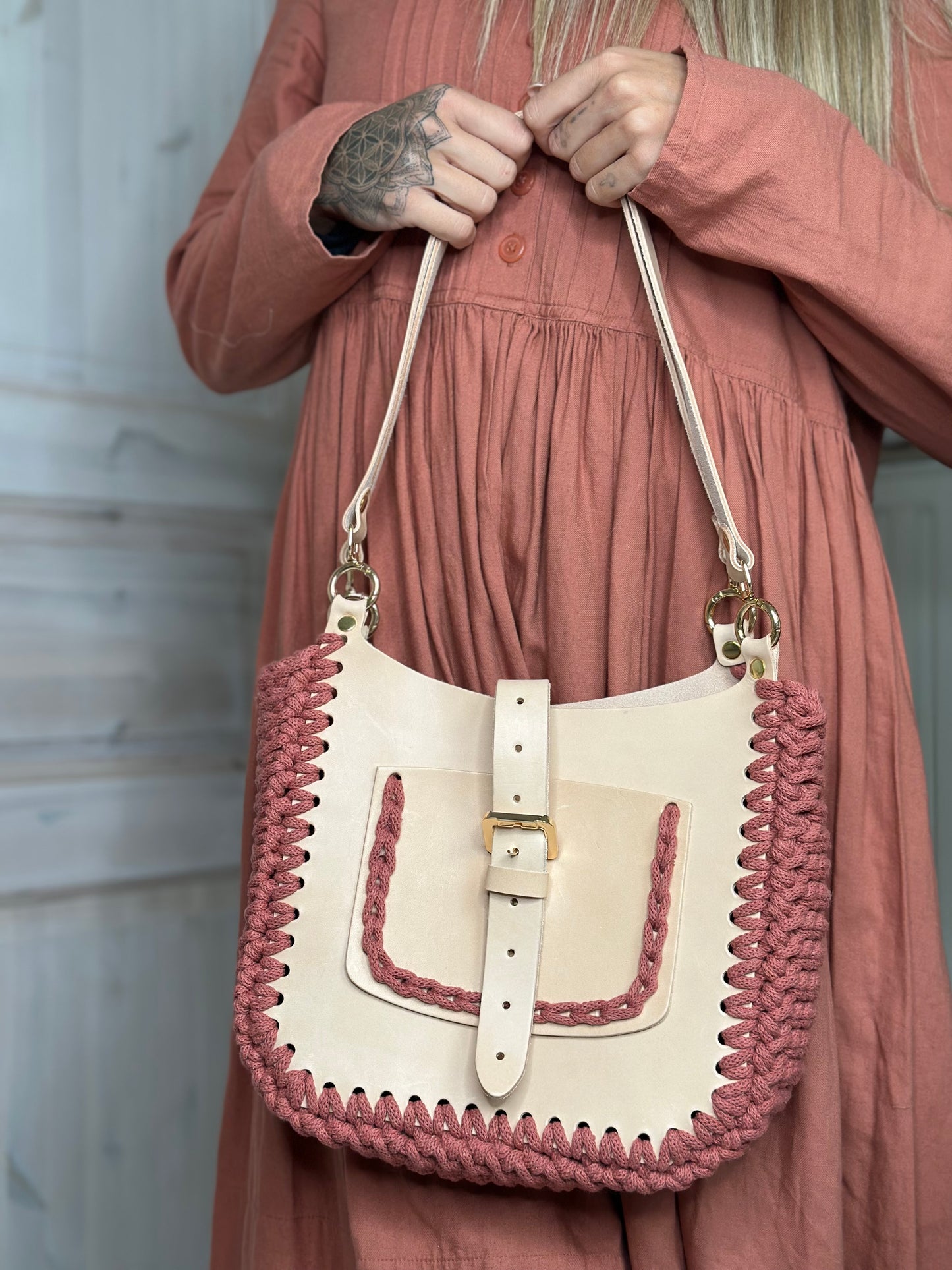 Basis-Set für Häkeltasche aus Leder | Quadratische Seiten, Träger, Drehverschluss | 75 cm