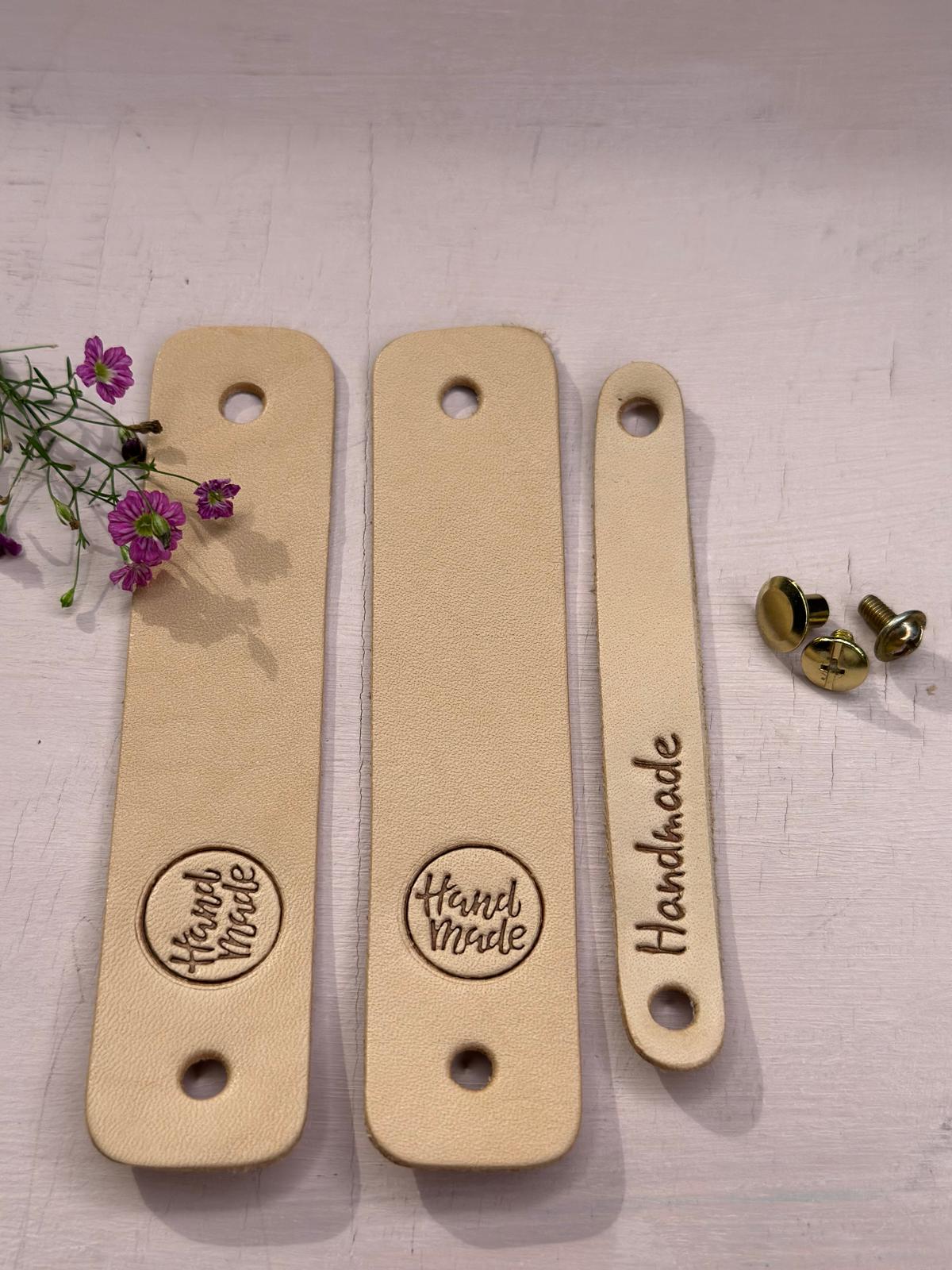 10x Label aus Leder "Handmade" | Naturleder Etikett | Mit Schrauben | Verschiedene Designs