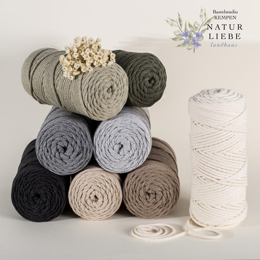 Makramee Garn PREMIUM | 100% Baumwolle | Stärke 5 mm, geflochten | Länge 100 Meter | Verschiedene Farben