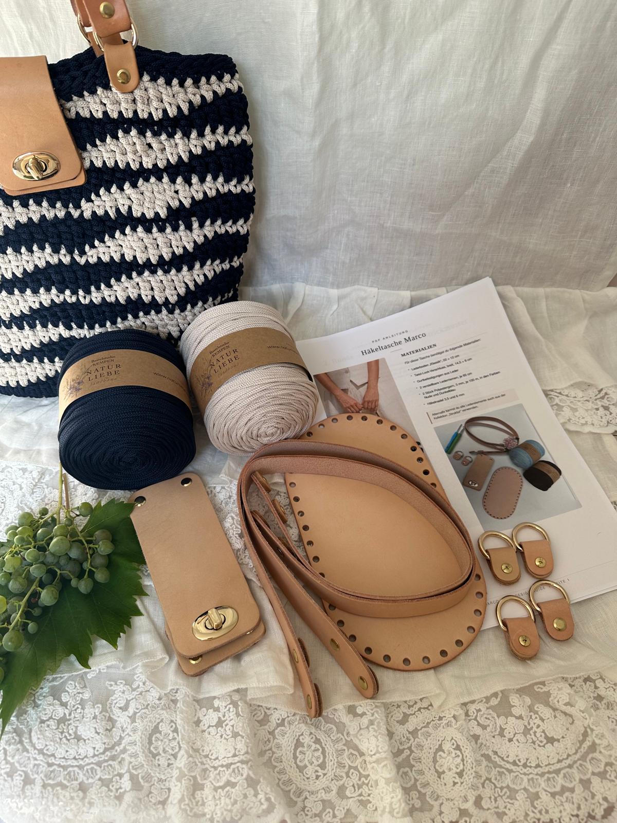 Set Tasche Marco |  Inklusive Anleitung / DIY Häkel-Taschenset „Natur“ aus Echtleder