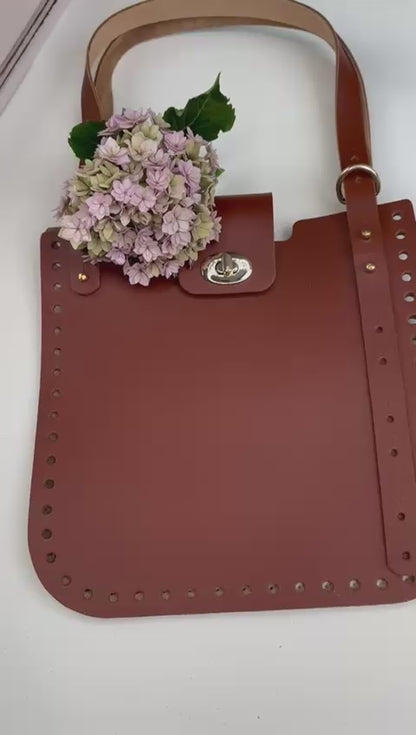 Basis-Set für Häkeltasche aus Leder | Quadratische Seiten, Träger, Drehverschluss | 75 cm